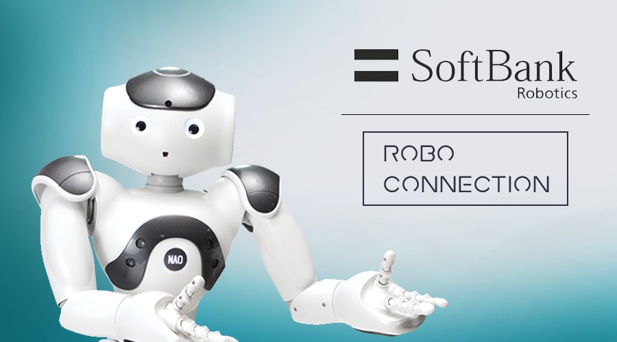 Imagem de um Robô apresentando a logo da softbank